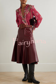 Unique Printed Chiffon Long-sleeved Loose Shirt and Elegant Ruffled Maxi Skirt Set