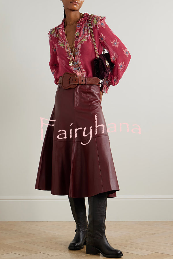 Unique Printed Chiffon Long-sleeved Loose Shirt and Elegant Ruffled Maxi Skirt Set