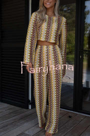 Tamia Knit Colorful Wave Unique Print Crop Top and Stretch Wide Leg Pants Set