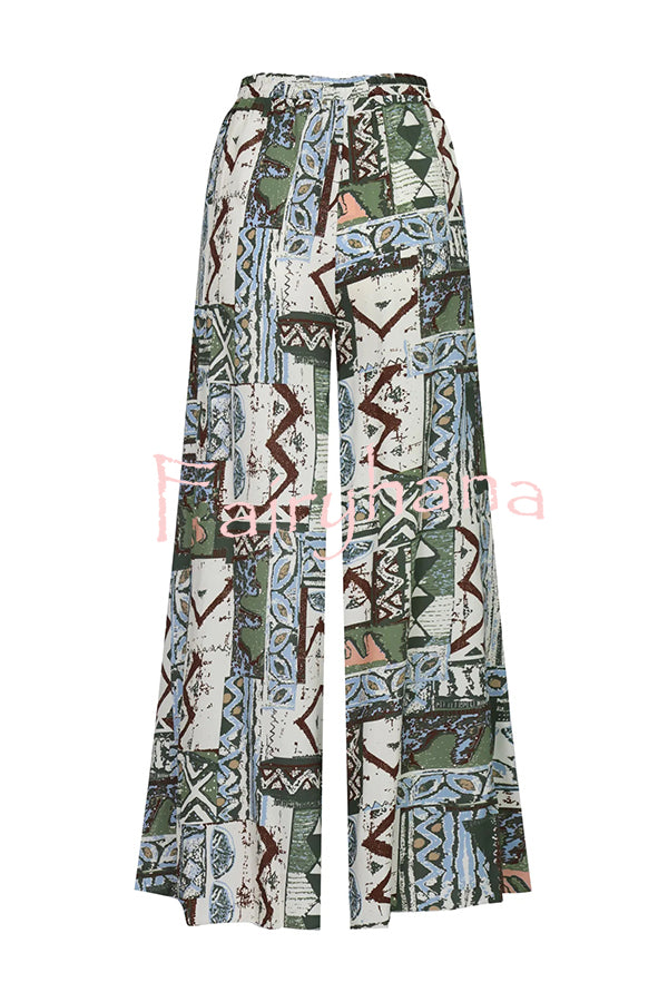 Terrace View Off Shoulder Tie Loose Top and Elastic Waist Unique Print Loose Pants Set