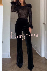 Monique Fish Scale Lace Sequin Velvet Patchwork Feather Trim Belted Stretch Flare Jumpsuit
