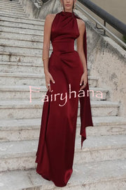 Solid Color Satin Elegant Sleeveless Waist Maxi Dress