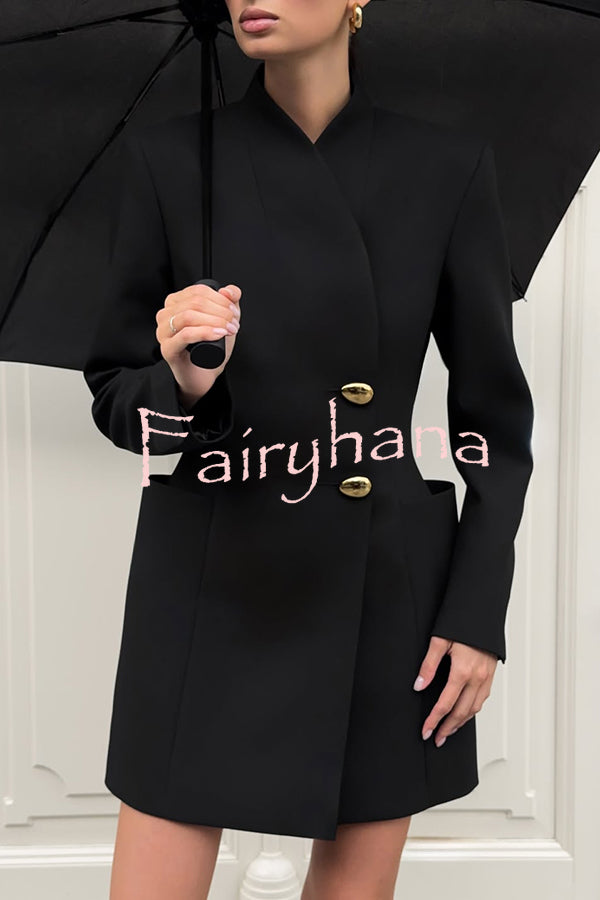 Kayleen Stand V-neck Decorative Metal Button Long Sleeve Pocket Blazer Mini Dress