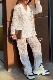 Fashionable Lace Long-sleeved Lapel Loose Top and Casual Hollow Pants Set