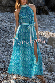 Unique Print Sexy Off-the-shoulder Waist Tie Slit Holiday Midi Dresses