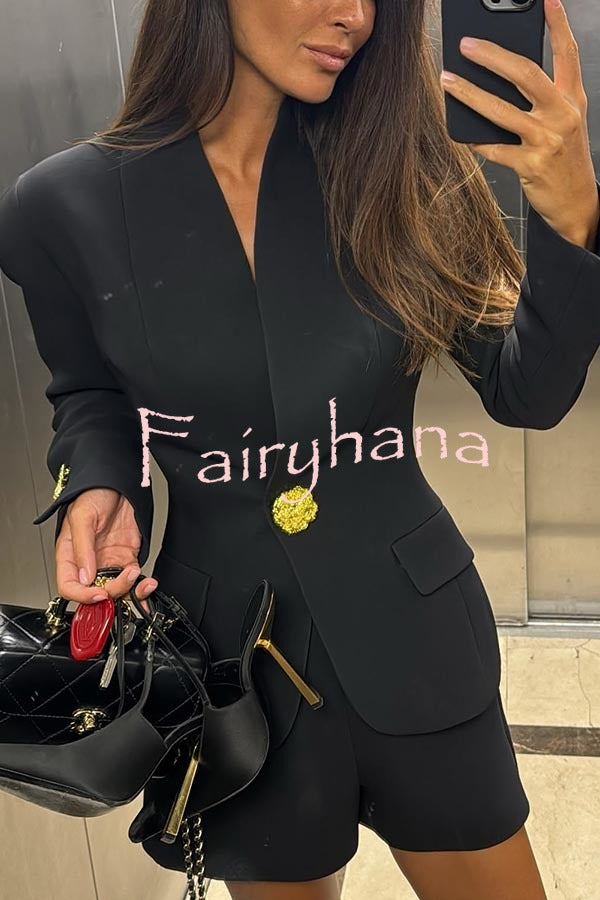 Classic Luxury Unique Metal Button Stand Collar Long Sleeve Blazer