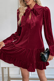 Vintage Velvet Bow Tie Neck Long Sleeve Loose Mini Dress