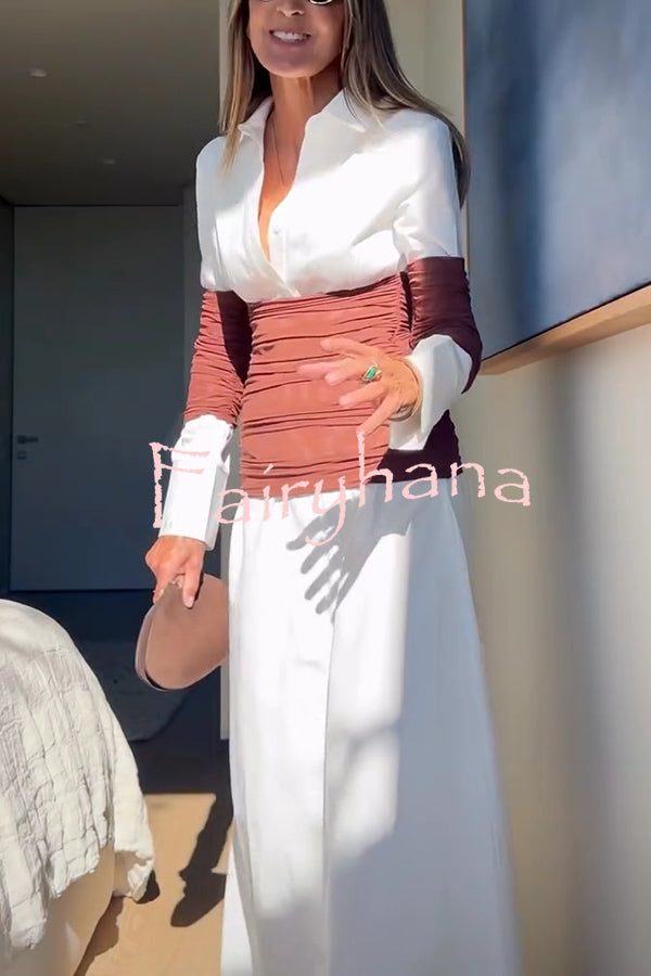 Fashionable Pleated Contrast Patchwork Waist Long Sleeve Button Shirt Maxi Dress