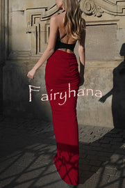 Fashionable Contrast Color Open Back Side Pleated Draped Maxi Dress