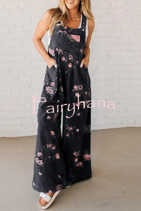 Fashion Floral Print Casual Button Pocket Loose Denim Overalls