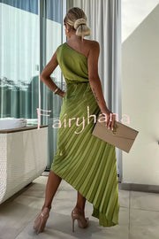 Romantic Nights Satin Raised Flower Elastic Cutout One Shoulder Pleated Maxi Dress
