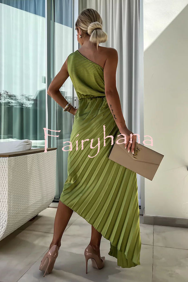 Romantic Nights Satin Raised Flower Elastic Cutout One Shoulder Pleated Maxi Dress