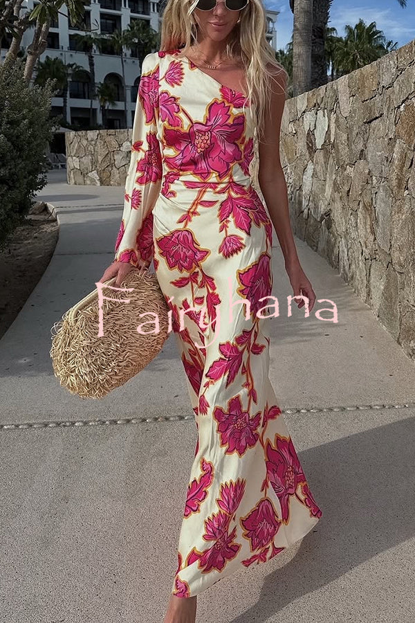 Rhia Satin Floral Print One Shoulder Flared Maxi Dress
