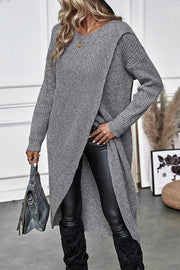 Solid Color Round Neck Long Sleeve Loose Slit Knitted Sweater