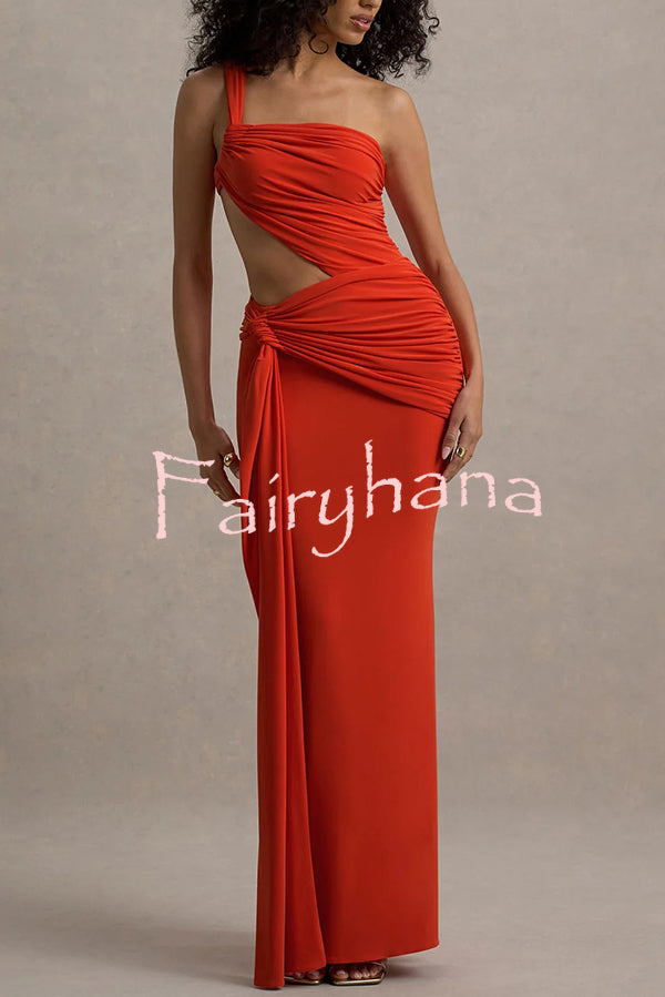 Sexy One-shoulder Backless Ribbon Pleated Slim Maxi Dress