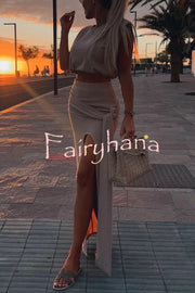 Comfortable Stylish Round Neck Sleeveless Casual Top and Elastic Waist Ruched Tie Slit Midi Skirt Set