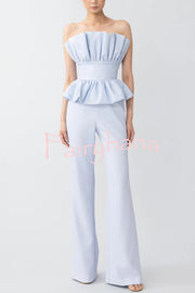 Every Occasion Crepe Panel Ruffles Strapless Top and High Rise Pocketed Flare Pants Set