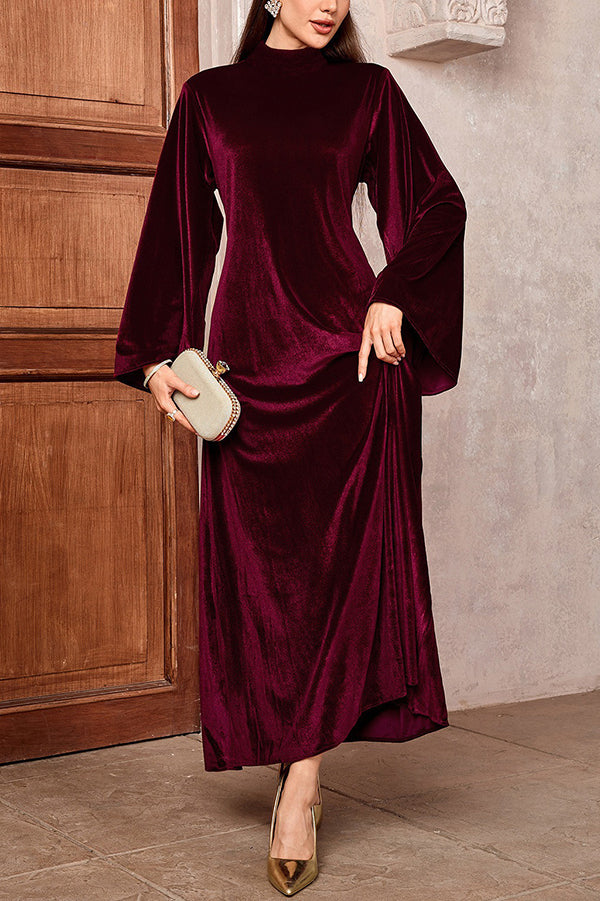 Solid Color Velvet Bell Sleeves Tie Waist Elegant Maxi Dress