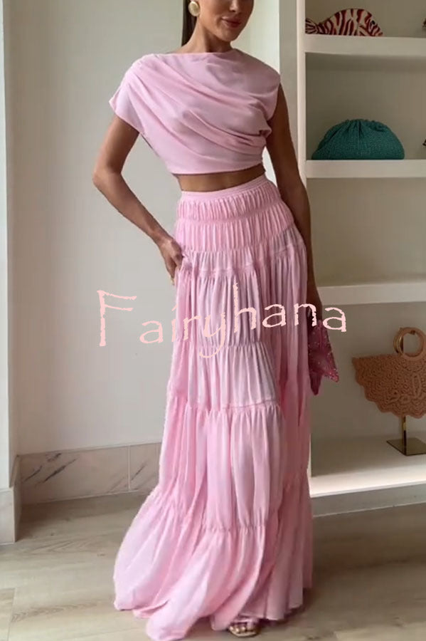 Stunning Chiffon Ruched Shoulder Short Sleeve Crop Top