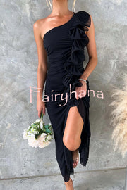Fashion One-shoulder Pleated Sexy High Slit Slim Dress