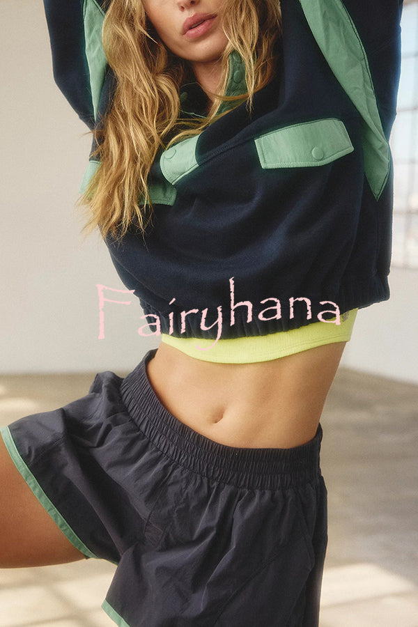 Fashion Contrast Color Stitching Stand Collar Long Sleeve Top and Elastic Waist Loose Pocket Shorts Set