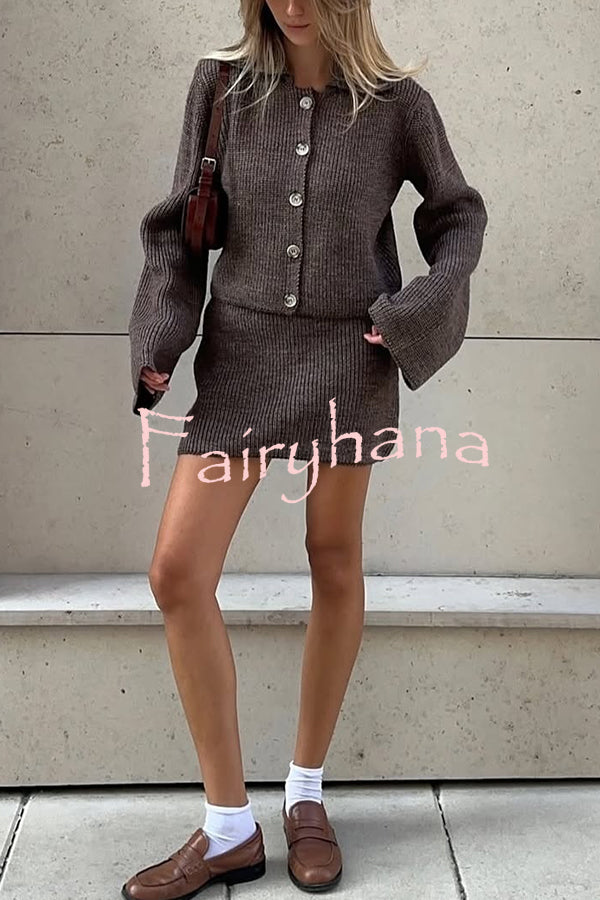 Fashion Lapel Bell Sleeve Knitted Cardigan and Casual Mini Skirt Set