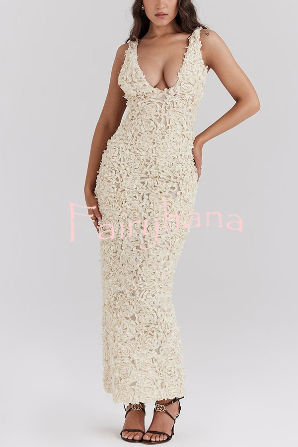 Three-dimensional Flower Sexy V-neck Slim Maxi Dress