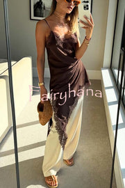 Elouise Satin Lace Trim V-neck Asymmetrical Hem Slip Mini Dress