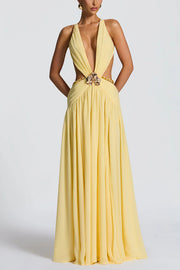 Kinara Leopard Print Deep V-neck Metal Flower Hollow Beads Detail Slit Maxi Dress