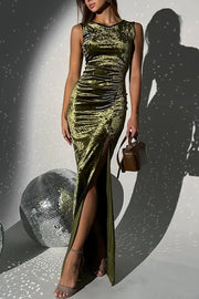 Solid Color Velvet Round Neck Sleeveless Slim Slit Maxi Dress