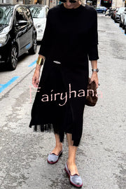 Jollie Knit Long Sleeve Front Slit Midi Sweater and Pleated Tulle Stretch Tank Midi Dress Two-piece Set