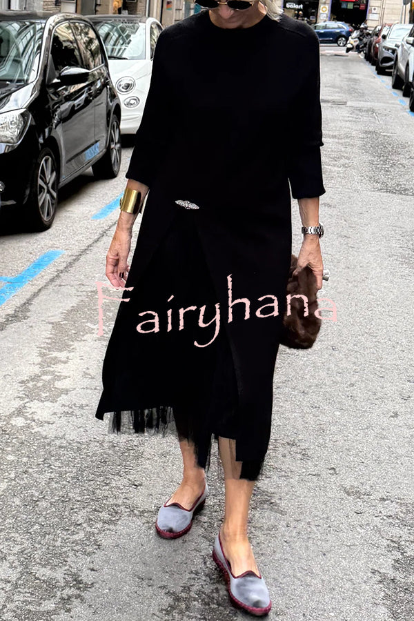 Jollie Knit Long Sleeve Front Slit Midi Sweater and Pleated Tulle Stretch Tank Midi Dress Two-piece Set