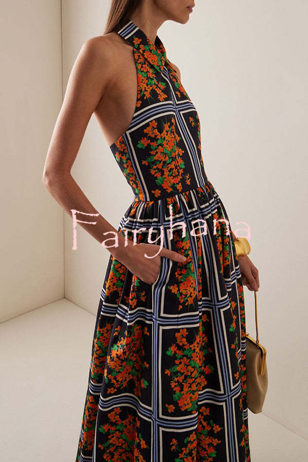 Floral Print Sexy Halter Neck Backless Elegant Maxi Dress