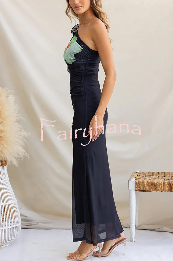 Floral Print One-shoulder Fitted Mesh Maxi Dress