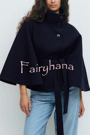 Fashionable Stand Collar Button Waist Tie Loose Cape