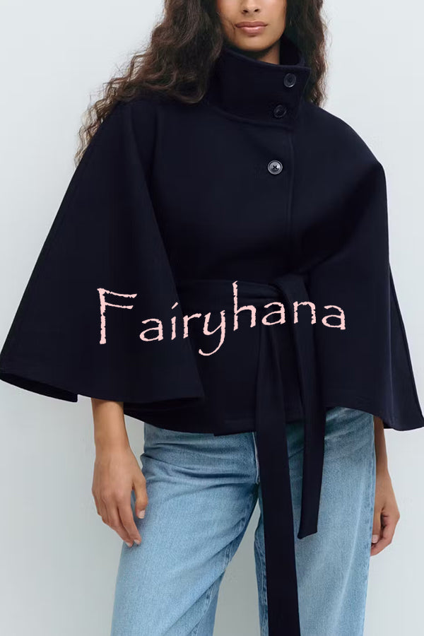 Fashionable Stand Collar Button Waist Tie Loose Cape
