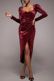 Solid Color Velvet Long-sleeved Slim-fit Slit Midi Dress