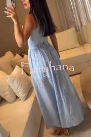 Kaya Embroidery Hollow Lace Back Smocked Tank and Elastic Waist A-line Maxi Skirt Set