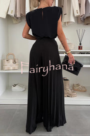 Fashionable Round Neck Shoulder Pads Top and Elastic Waist Pleated Wide-leg Pants Set