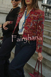 Vintage Bohemian Printed Chinese Style Buttons Long Sleeve Crop Jacket