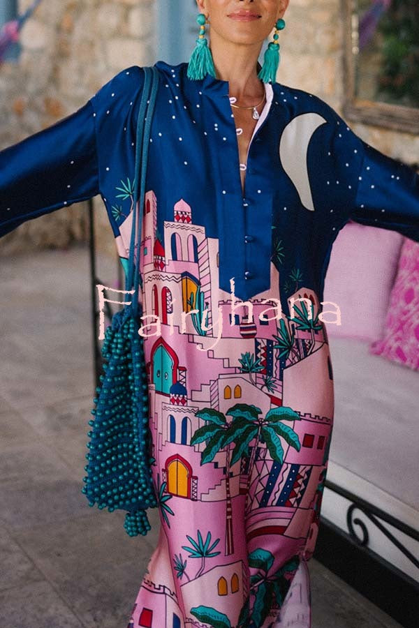 Seaside Stroll Satin Unique Print Button Up Long Sleeve Slit Kaftan Midi Dress