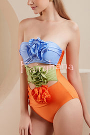 Fashionable Color-blocked Floral Decoration Hollow Stretch One-piece Swimsuit