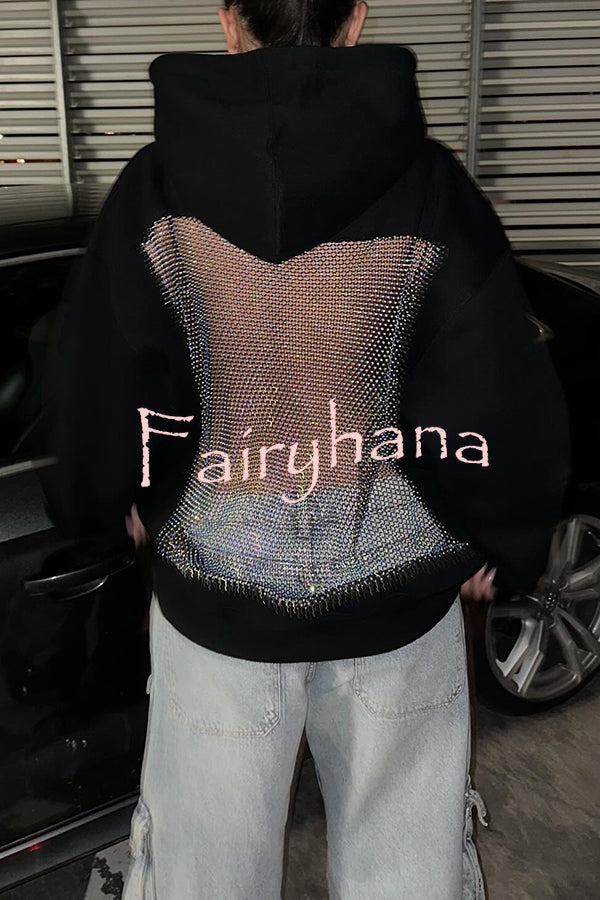 Fashionable Shiny Mesh Hollow Back Loose Long-sleeved Hooded Sweatshirt