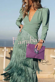 Solid Color V-Neck Long Sleeve Elegant Tassel Maxi Dress