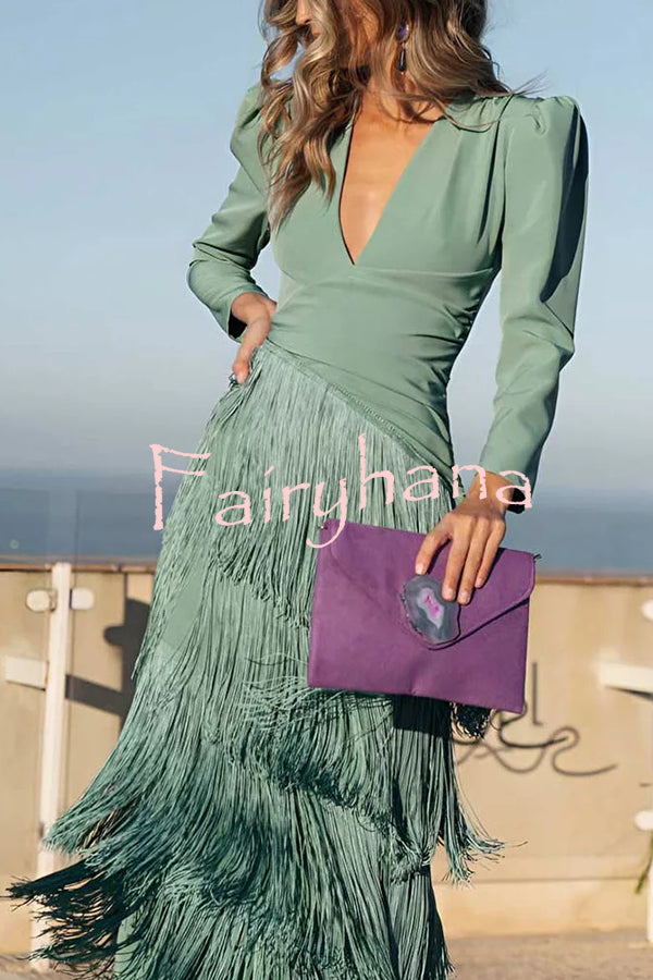 Solid Color V-Neck Long Sleeve Elegant Tassel Maxi Dress