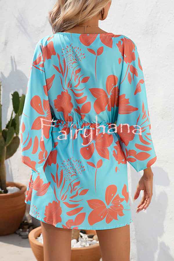 Botanical Print Button Drawstring Waist Dolman Sleeve Loose Romper