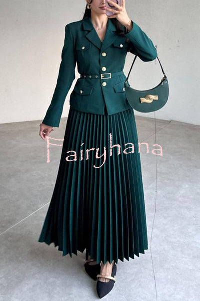 Solid Color Lapel Button Belt Blazer and Pleated Casual Maxi Skirt Set