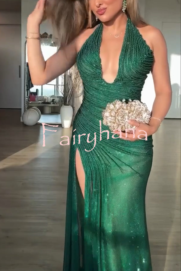 Edeita Sequin Pleated Design Deep Halter U-neck Slit Drape Gown Maxi Dress