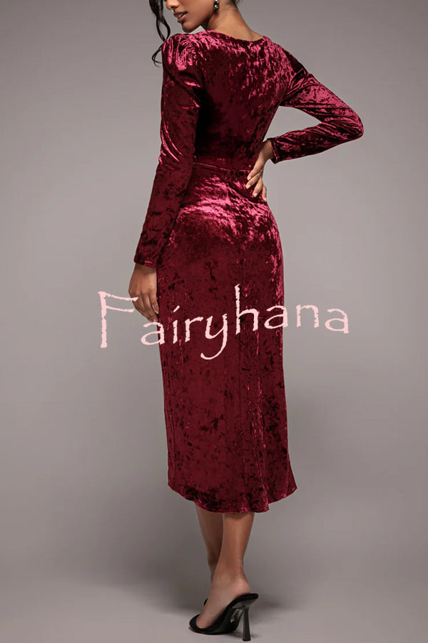 Solid Color Velvet Long-sleeved Slim-fit Slit Midi Dress