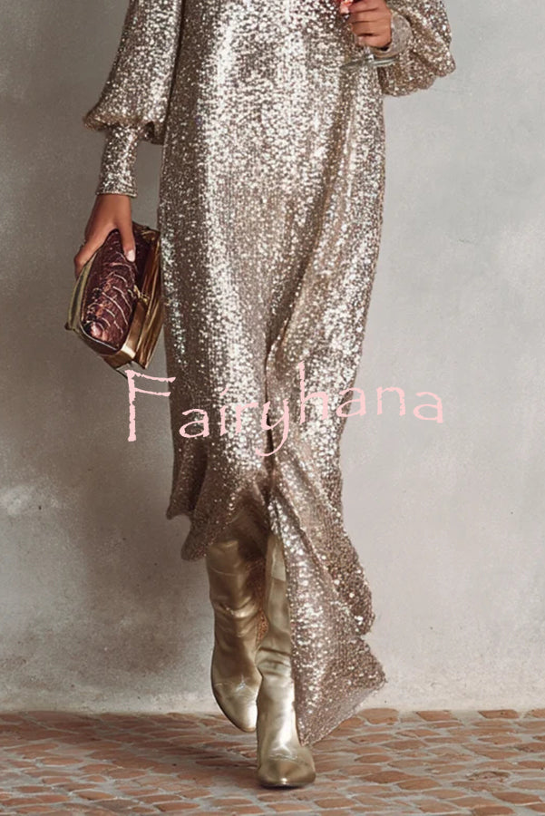 Minimalist Sparkling Sequin V-neck Long Balloon Sleeve Slit Party Maxi Dress